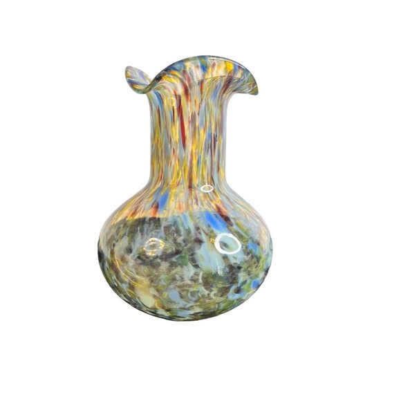 Hand-Blown Art Glass Vase Confetti Splash Swirl Pattern Ruffled Edge 7-3/4" - Picture 1 of 12